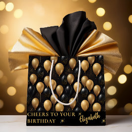 黒金ゴールドグリッターバルーン誕生日応援 ラージペーパーバッグ