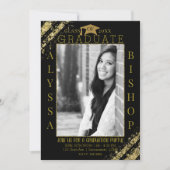 黒金ゴールドグリッター写真卒業卒業パーティー 招待状 (正面)