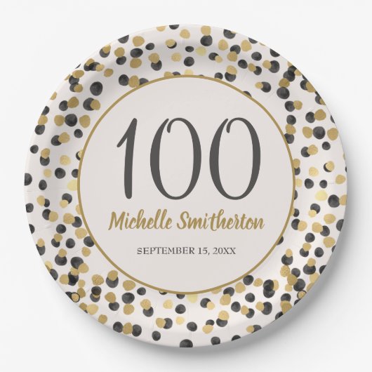 黒金ゴールドグリッター紙吹雪100誕生日 ペーパープレート (正面)