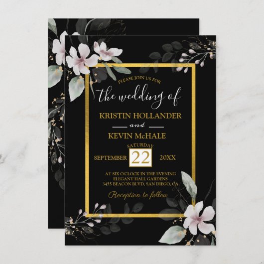 黒金ゴールドゴシックダスティ白花水彩 招待状 (正面/裏面)