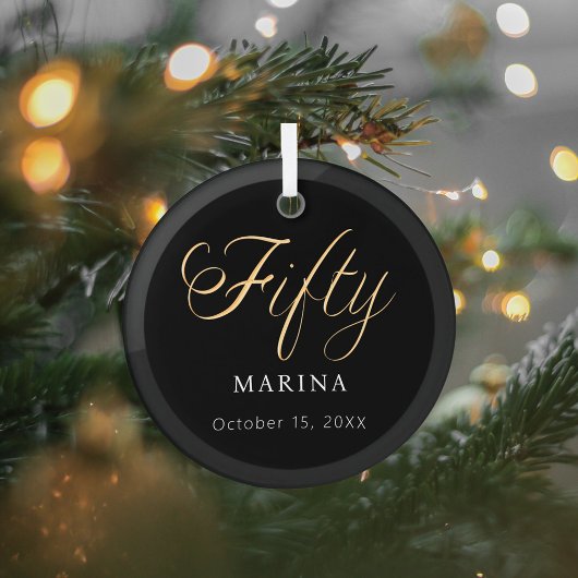 黒金ゴールドスクリプト名50th birthday ガラスオーナメント