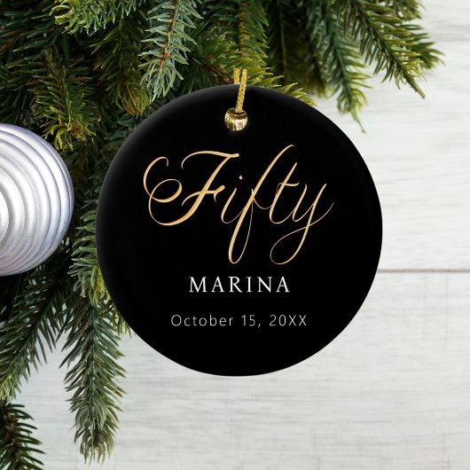 黒金ゴールドスクリプト名50th birthday セラミックオーナメント