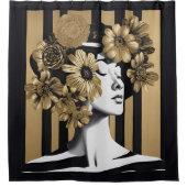 黒金ゴールドストライプ女性花シャワーカーテン シャワーカーテン (正面)