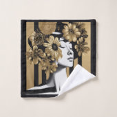 黒金ゴールドストライプ女性花 バスタオルセット (ウォッシュタオル)