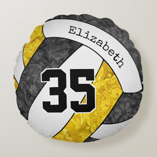 黒金ゴールドスポーツチームの色の女の子バレーボール ラウンドクッション (正面)