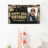 黒金ゴールドバルーン紙吹雪フォトハッピーバースデー 横断幕 (インサイチュ)