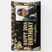 黒金ゴールドバルーン紙吹雪フォトハッピーバースデー 横断幕 (縦)