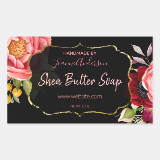 黒金ゴールドピンクフローラ水彩せっけん 長方形シール (正面)