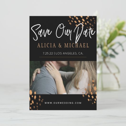 黒金ゴールドフォトメフェイクタル金ゴールド白タイポグラフィ セーブザデート (スタンド正面)