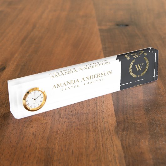 黒金ゴールドフローラ月桂樹リースイニシャルモノグラム デスクネームプレート (側面)