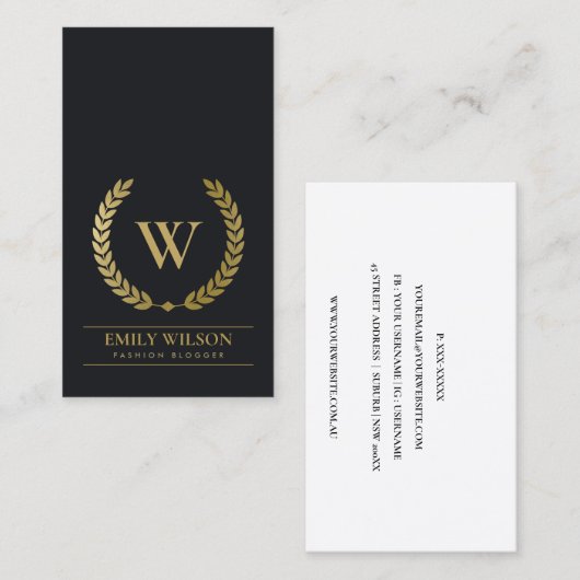 黒金ゴールドフローラ月桂樹リースイニシャルモノグラム 名刺 (正面/裏面)