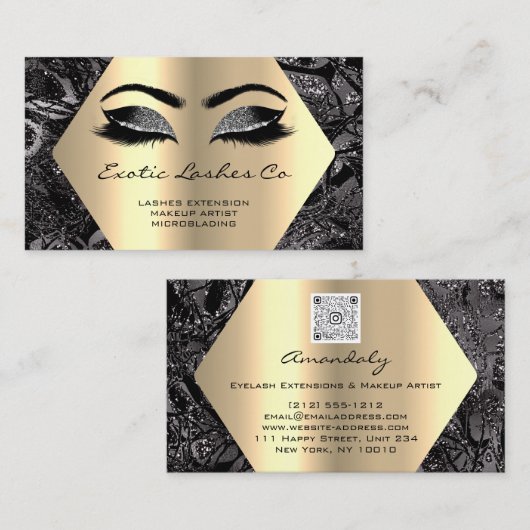 黒金ゴールドメイクアップグリッター六方丸まつ 名刺 (正面/裏面)