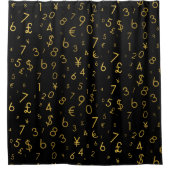 黒金ゴールドラグジュアリー番号通貨記号パターン シャワーカーテン (正面)