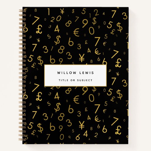 黒金ゴールドラグジュアリー番号通貨記号パターン ノートブック (正面)