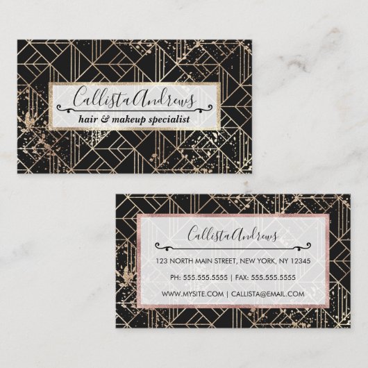 黒金ゴールドレトロアールデコ幾何（ばちゃばちゃ）跳ねる 名刺 (正面/裏面)