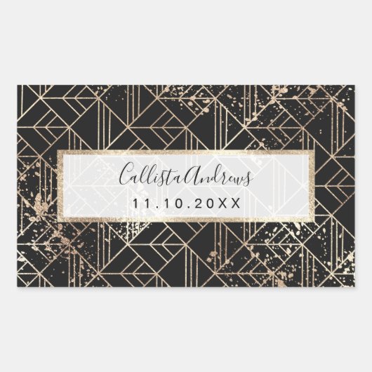 黒金ゴールドレトロアールデコ幾何(ばちゃばちゃ)跳ねる 長方形シール (正面)