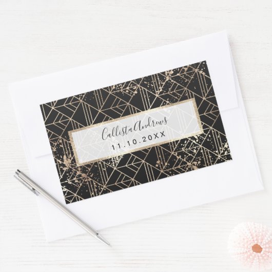 黒金ゴールドレトロアールデコ幾何(ばちゃばちゃ)跳ねる 長方形シール (封筒)