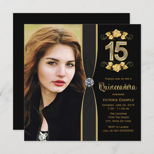 黒金ゴールド写真キンセアニェラ 招待状 (正面/裏面)