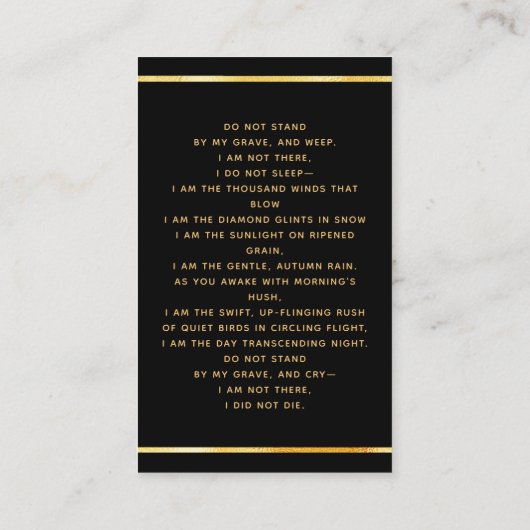 黒金ゴールド写真フローラ葬儀祈りの言葉カード 名刺 (裏面)