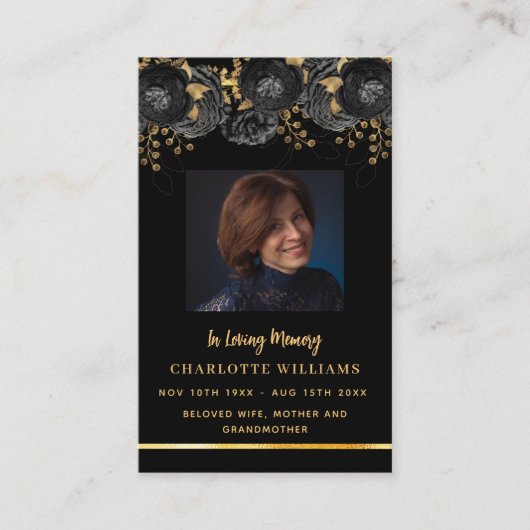 黒金ゴールド写真フローラ葬儀祈りの言葉カード 名刺 (正面)