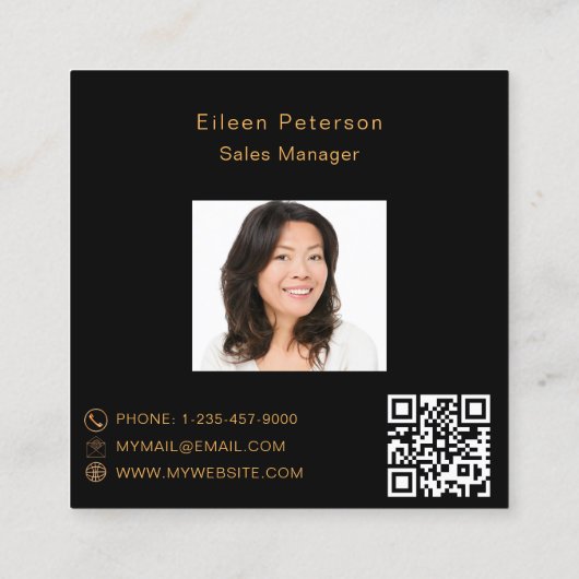 黒金ゴールド写真名署名Qrコードロゴ スクエア名刺 (裏面)