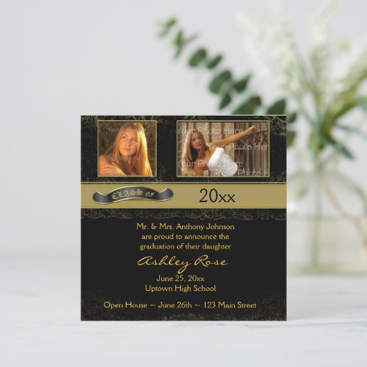 黒金ゴールド卒業フォトカード 案内状 (スタンド正面)