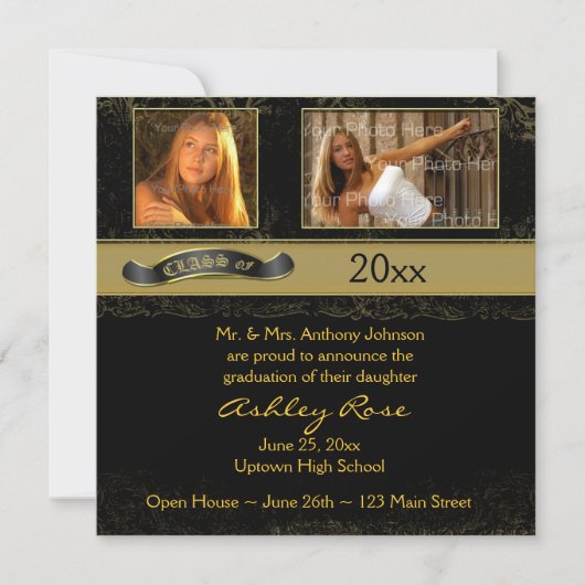 黒金ゴールド卒業フォトカード 案内状 (正面)