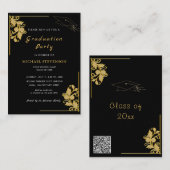 黒金ゴールド卒業招待状とQRコード ノートカード (正面/裏面)