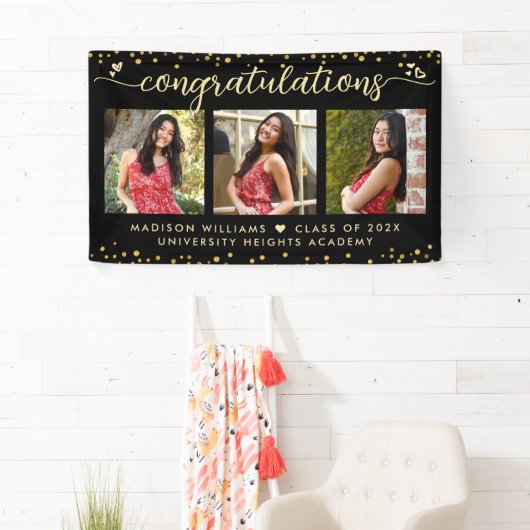 黒金ゴールド卒業3フォトスクリプトモダンハート 横断幕 (インサイチュ)