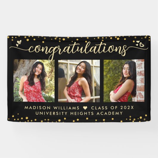 黒金ゴールド卒業3フォトスクリプトモダンハート 横断幕 (横)