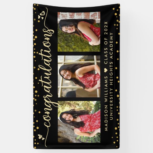 黒金ゴールド卒業3フォトスクリプトモダンハート 横断幕 (縦)