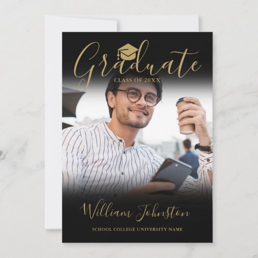 黒金ゴールド台本大学院写真卒業パーティー 招待状 (正面)