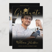 黒金ゴールド台本大学院写真卒業パーティー 招待状 (正面/裏面)