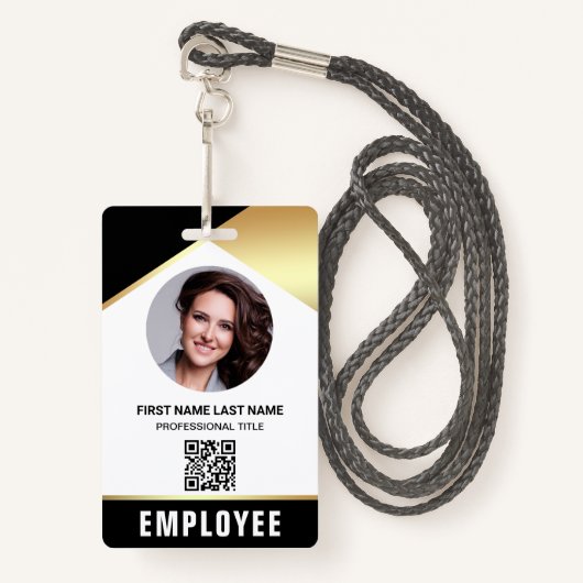 黒金ゴールド名写真QRコード従業員IDカード バッジ (正面ランヤード)