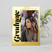 黒金ゴールド大学院生の台本3枚の写真の卒業 箔招待状 (立ち正面)