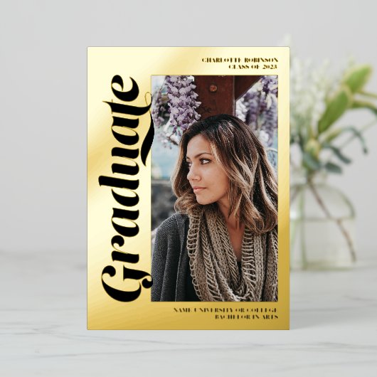 黒金ゴールド大学院生の台本3枚の写真の卒業 箔招待状 (立ち正面)