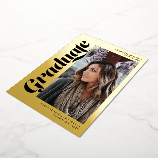 黒金ゴールド大学院生の台本3枚の写真の卒業 箔招待状 (回転した状態)