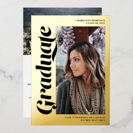 黒金ゴールド大学院生の台本3枚の写真の卒業 箔招待状 (正面/裏面)