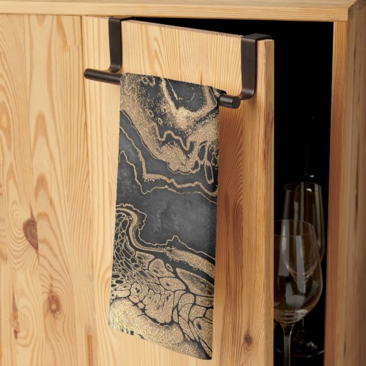 黒金ゴールド大理石かわいらし キッチンタオル (三つ折り)