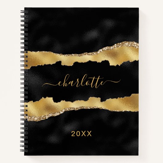 黒金ゴールド大理石名スクリプトエレガント ノートブック (正面)