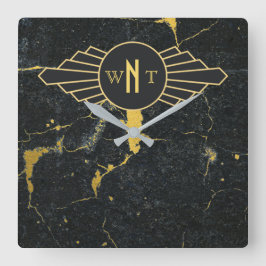 黒金ゴールド大理石3文字モノグラムアールデコ スクエア壁時計