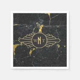 黒金ゴールド大理石3文字モノグラムアールデコ スタンダードカクテルナプキン