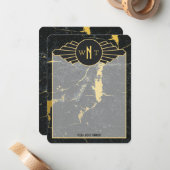 黒金ゴールド大理石3文字モノグラムアールデコ ノートカード (正面/裏面インサイチュ)