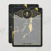 黒金ゴールド大理石3文字モノグラムアールデコ ノートカード (正面/裏面)