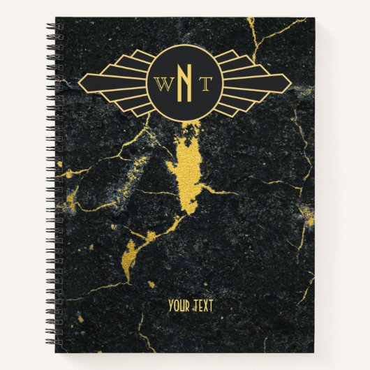黒金ゴールド大理石3文字モノグラムアールデコ ノートブック (正面)