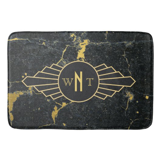 黒金ゴールド大理石3文字モノグラムアールデコ バスマット (正面)