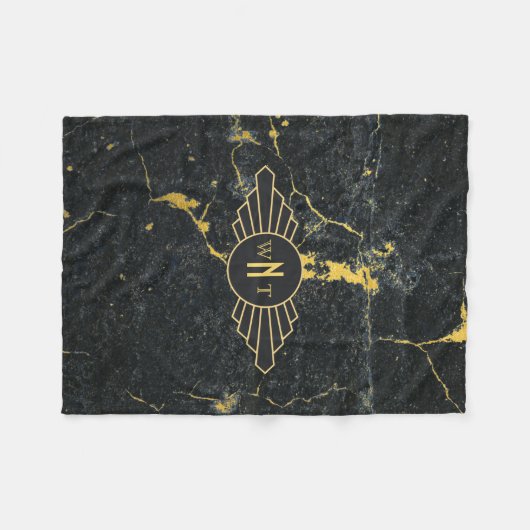 黒金ゴールド大理石3文字モノグラムアールデコ フリースブランケット (正面(横))