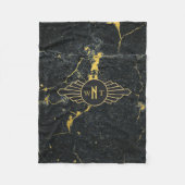 黒金ゴールド大理石3文字モノグラムアールデコ フリースブランケット (正面)