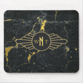 黒金ゴールド大理石3文字モノグラムアールデコ マウスパッド (正面)