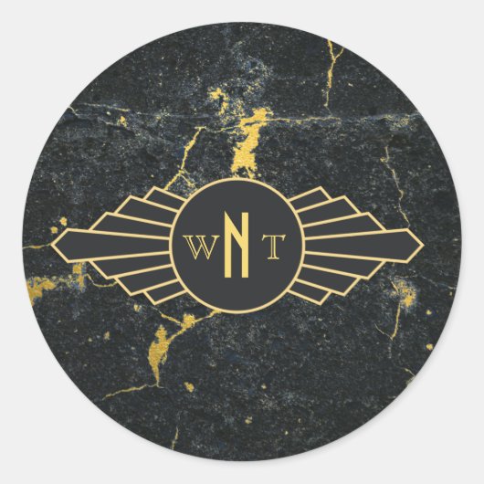 黒金ゴールド大理石3文字モノグラムアールデコ ラウンドシール (正面)